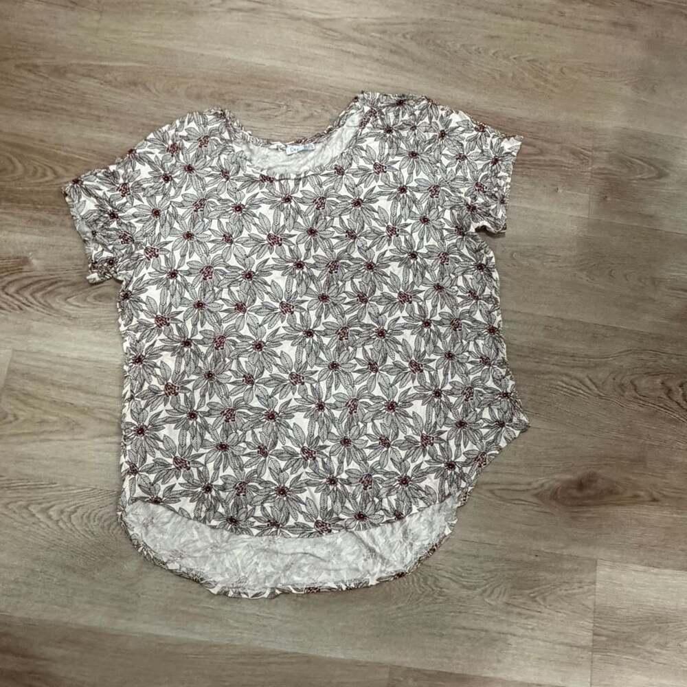 Dex Floral Blouse Size 3X White Maroon Leaf Print Short Sleeve